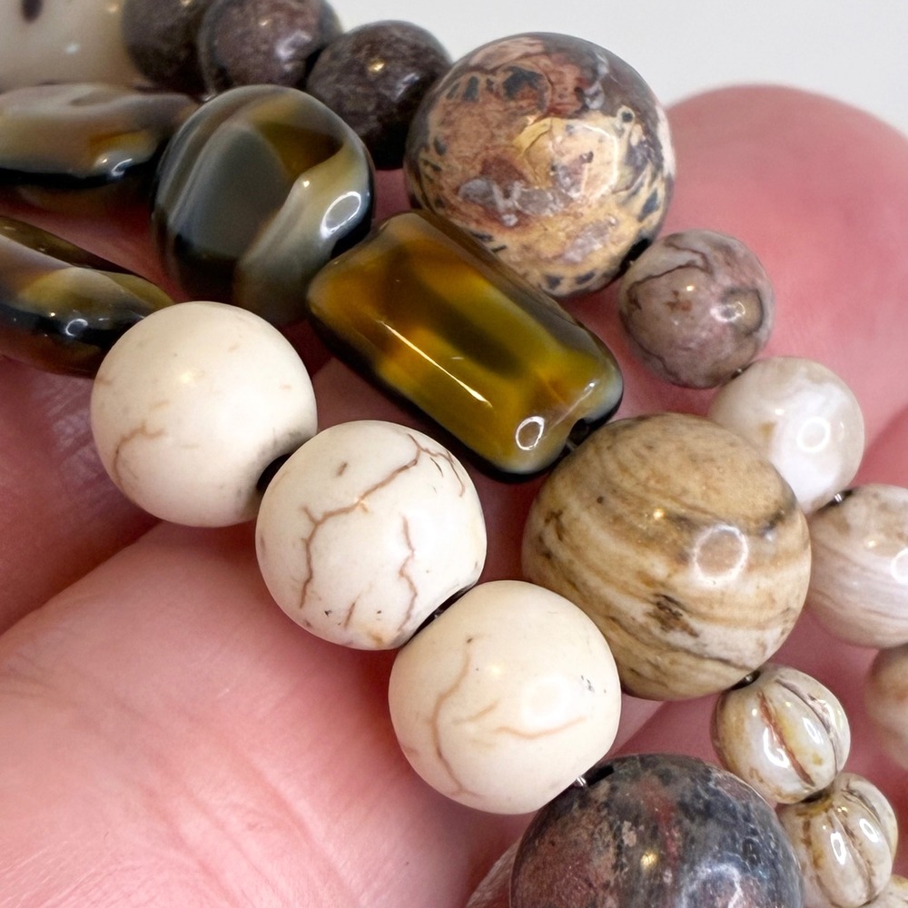 Vintage Stone Glass Bracelet Beaded Wire Wrap Memory Coil Earth Tone Boho